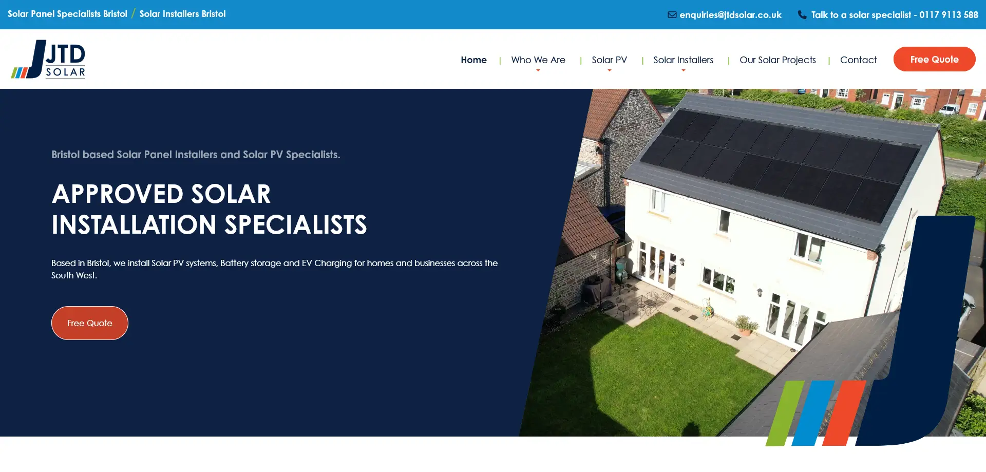 A screenshot of the JTD Solar website, showcasing their expertise as solar panel installers and solar PV specialists based in Bristol. The header contains navigation links such as Home, Who We Are, Solar PV, Solar Installers, Our Solar Projects, and Contact, along with an email address (enquiries@jtdsolar.co.uk) and phone number (0117 9113 588) for inquiries.