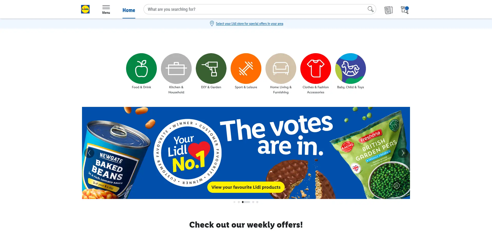 A screenshot of the Lidl website homepage, featuring a search bar at the top with the prompt: "What are you searching for?" and a button to select a Lidl store for localized offers. Below, six circular icons represent shopping categories: Food & Drink, Kitchen & Household, DIY & Garden, Sport & Leisure, Home Living & Furnishing, and Clothes & Fashion Accessories.