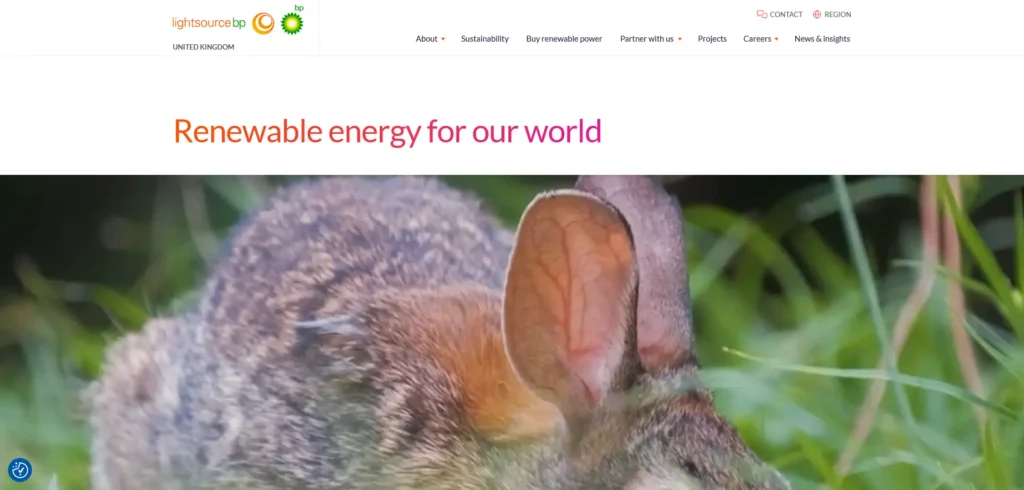 A screenshot of the Lightsource BP website, a company focused on renewable energy solutions. The header includes the Lightsource BP logo, BP logo, and "UNITED KINGDOM" text, alongside a navigation bar with sections like About, Sustainability, Buy Renewable Power, Partner with Us, Projects, Careers, and News & Insights.