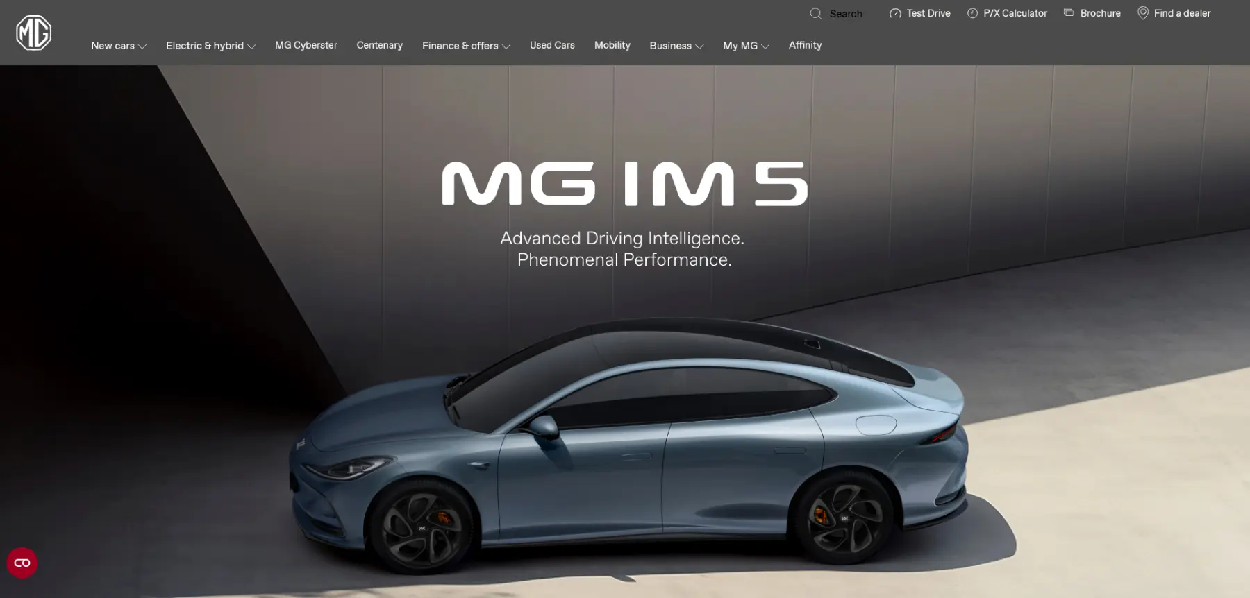 MG IM 5 electric vehicle showcased in blue on a concrete surface with text highlighting advanced driving intelligence and performance.