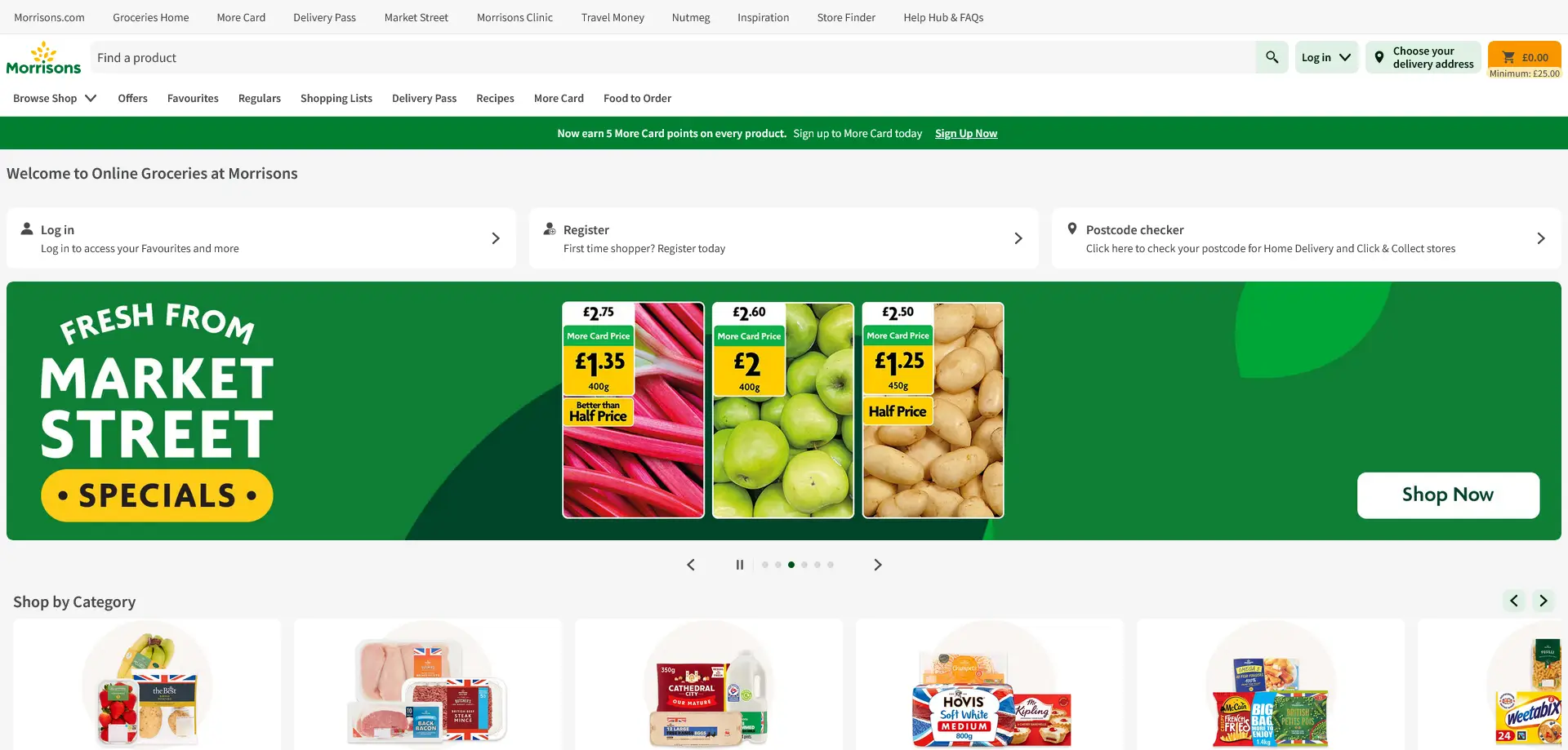 A screenshot of the Morrisons online grocery store homepage, featuring the navigation bar at the top with options like "Groceries Home," "More Card," "Delivery Pass," "Market Street," "Morrisons Clinic," "Travel Money," "Nutmeg," "Inspiration," "Store Finder," and "Help Hub & FAQs." Below this, a search bar labeled "Find a product" appears alongside options for logging in, choosing a delivery address, and viewing the shopping cart.