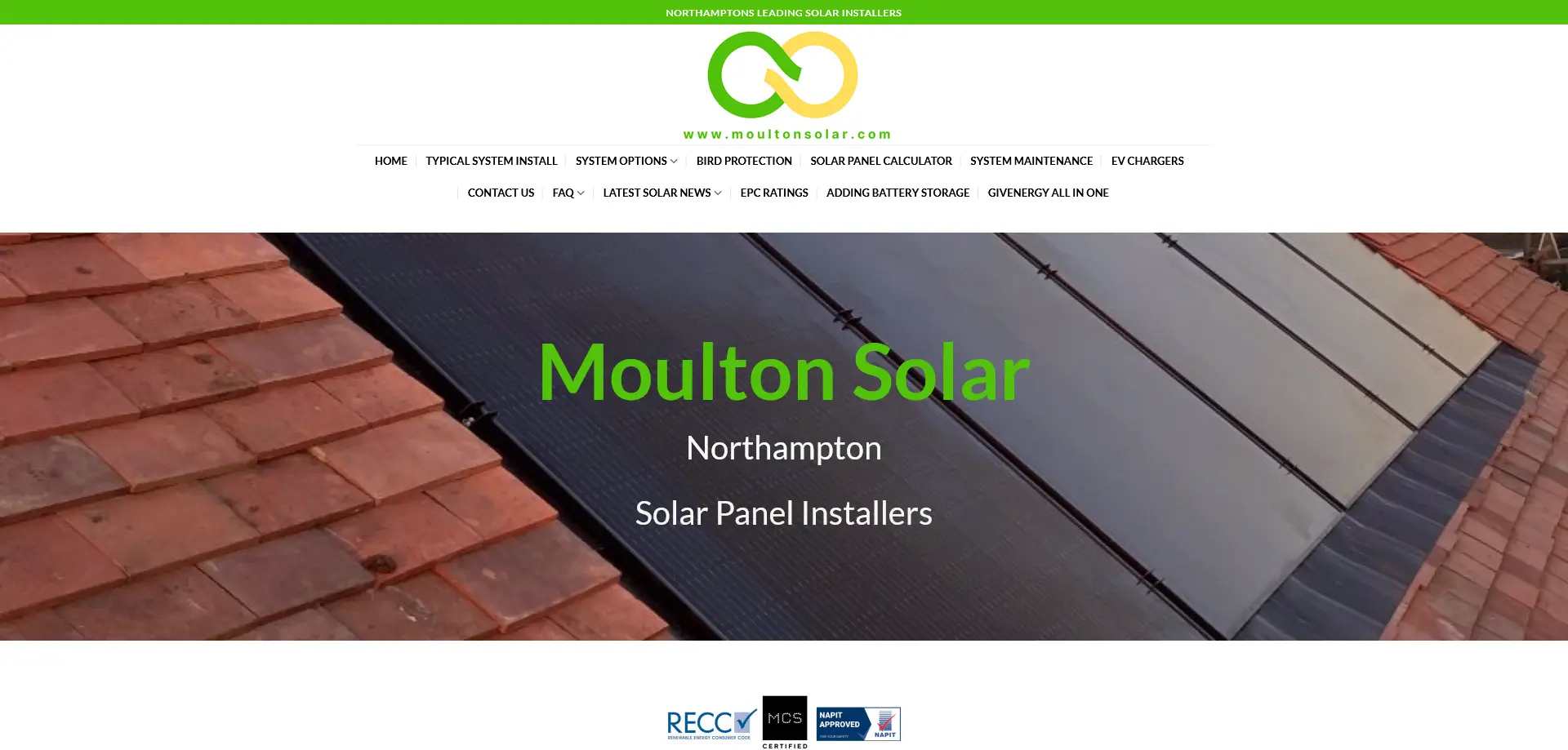 A screenshot of the homepage for Moulton Solar, a solar panel installation company based in Northampton. The header features a green banner with bold text: "NORTHAMPTON'S LEADING SOLAR INSTALLERS," alongside the company’s logo—two interlocking circles in green and yellow.