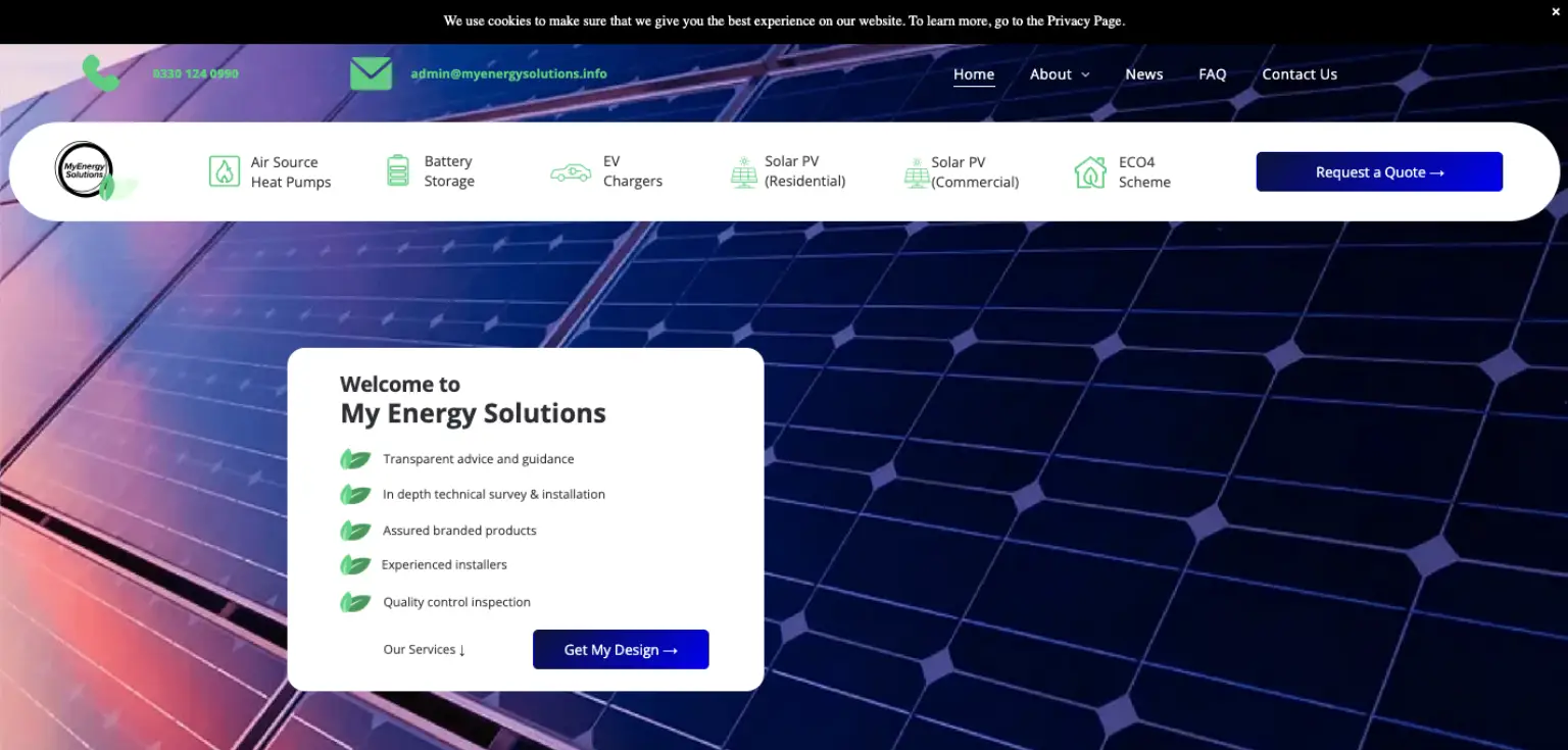 Homepage of My Energy Solutions featuring a background image of solar panels. A central white overlay welcomes visitors with a list of service benefits including transparent advice, technical surveys, branded products, experienced installers, and quality control. The top menu bar includes links for Air Source Heat Pumps, Battery Storage, EV Chargers, Residential and Commercial Solar PV, and the ECO4 Scheme. A prominent 'Request a Quote' button is also displayed.
