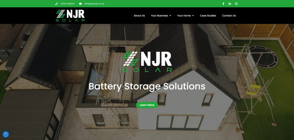 Aerial view of a house with solar panels, overlaid text "NJR Solar: Battery Storage Solutions." Green navigation bar and contact info at the top.