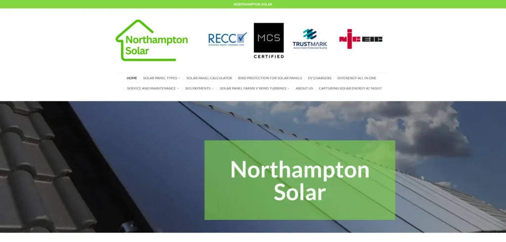 A screenshot of the homepage for Northampton Solar, a solar panel installation company. The header features the company's logo, a green outline of a house with the text "Northampton Solar" inside it. Below the logo, several certification logos are displayed, including RECC (Renewable Energy Consumer Code), MCS Certified, TrustMark (Government Endorsed Quality), and NICEIC.
