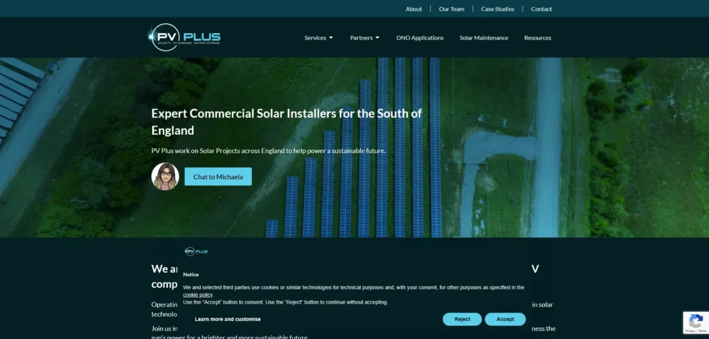 A screenshot of the PV Plus website, which specializes in commercial solar installations across the South of England. The background features an aerial view of a large solar panel installation in a green field, reinforcing the company’s focus on sustainable energy solutions.