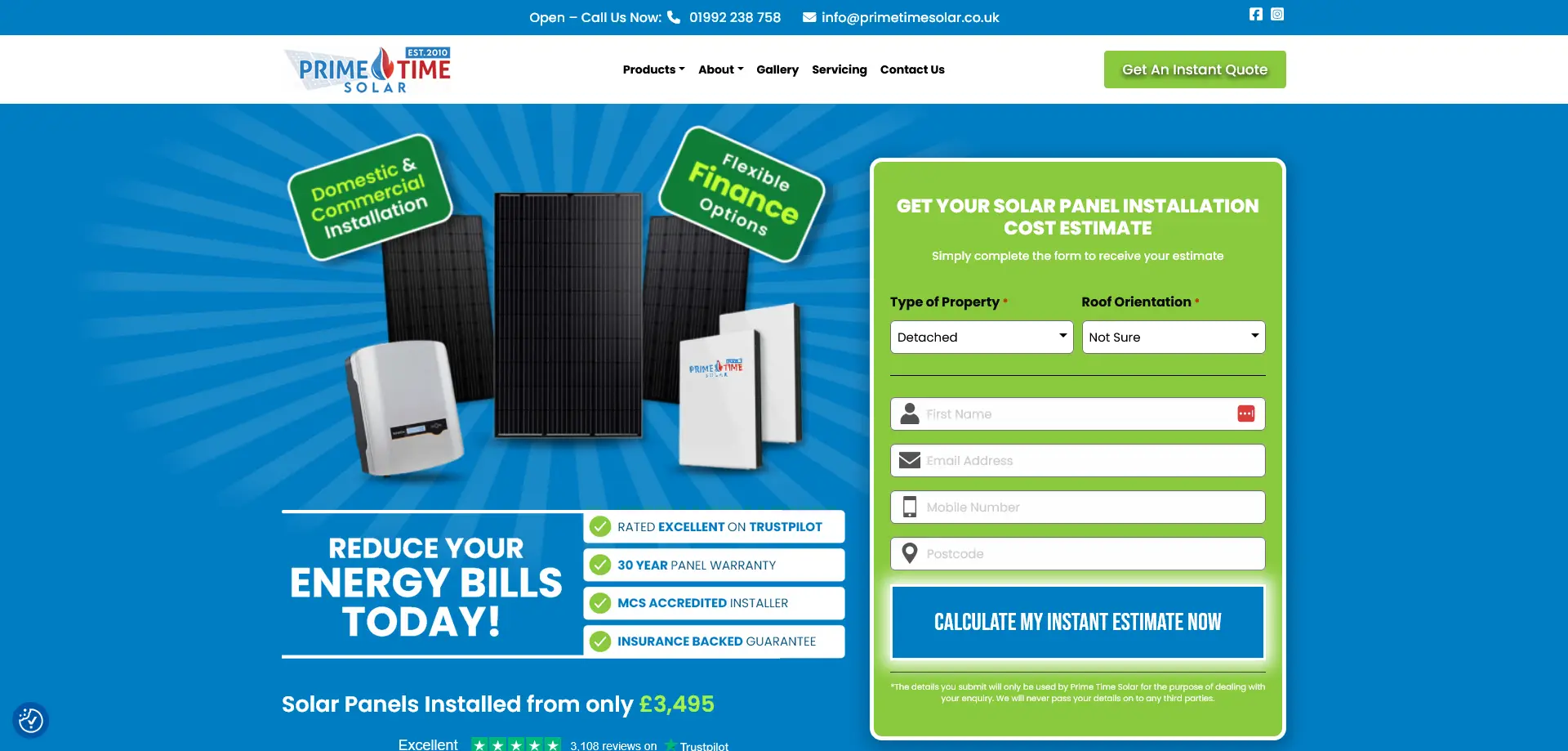 A screenshot of the homepage for Prime Time Solar, a solar panel installation company. The background is blue, featuring images of solar panels and related equipment. Two green labels emphasize "Domestic & Commercial Installation" and "Flexible Finance Options."