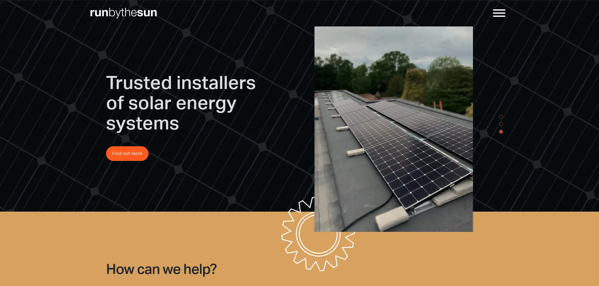 Screenshot of a website for solar energy system installers, featuring text and a photo of solar panels installed on a rooftop.