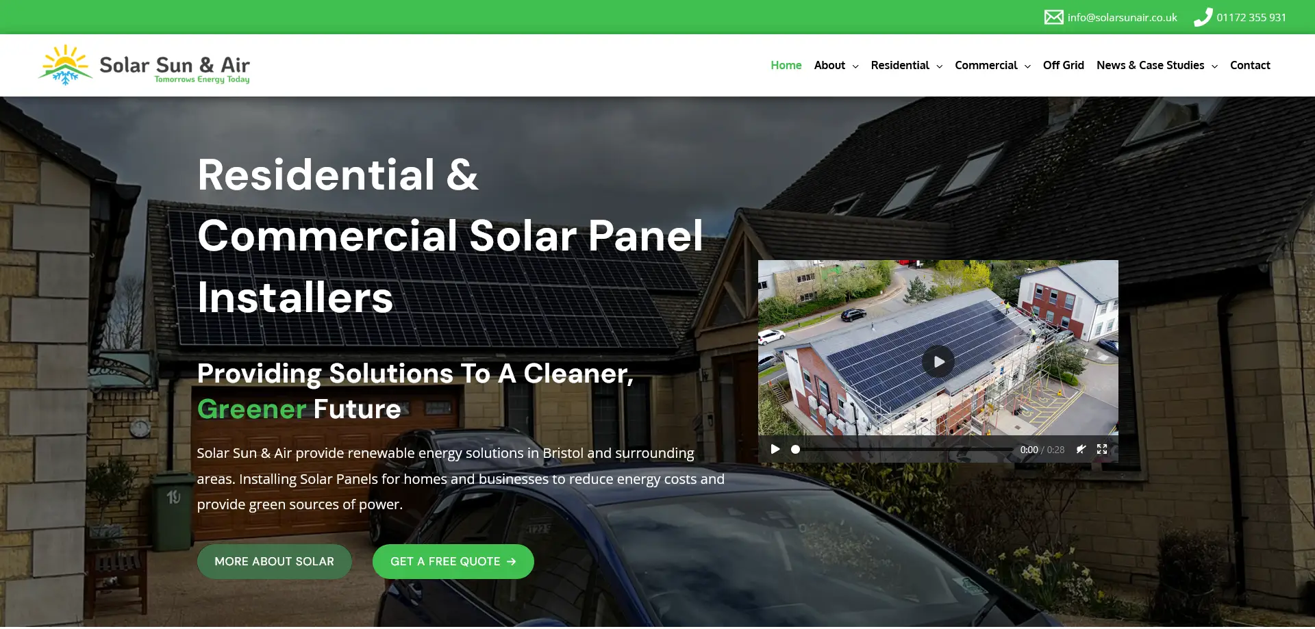 A screenshot of the Solar Sun & Air website, highlighting its expertise in residential and commercial solar panel installations. The header includes the company logo, contact information (info@solarsunair.co.uk and 01172 355 931), and navigation links for sections such as About, Residential, Commercial, Off Grid, News & Case Studies, and Contact.