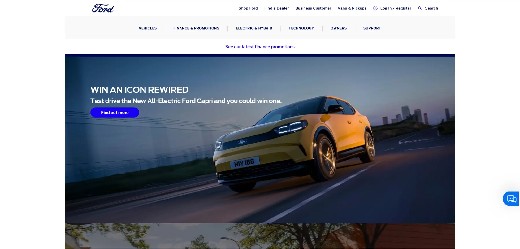 Ford promotional banner featuring a yellow all-electric Ford Capri driving during sunset with text offering a chance to win the vehicle through a test drive.