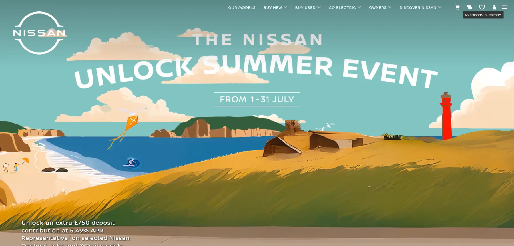 Nissan banner for the Unlock Summer Event featuring a scenic beach with cliffs, lighthouse, and promotional offer on Qashqai, Juke, and X-Trail models.