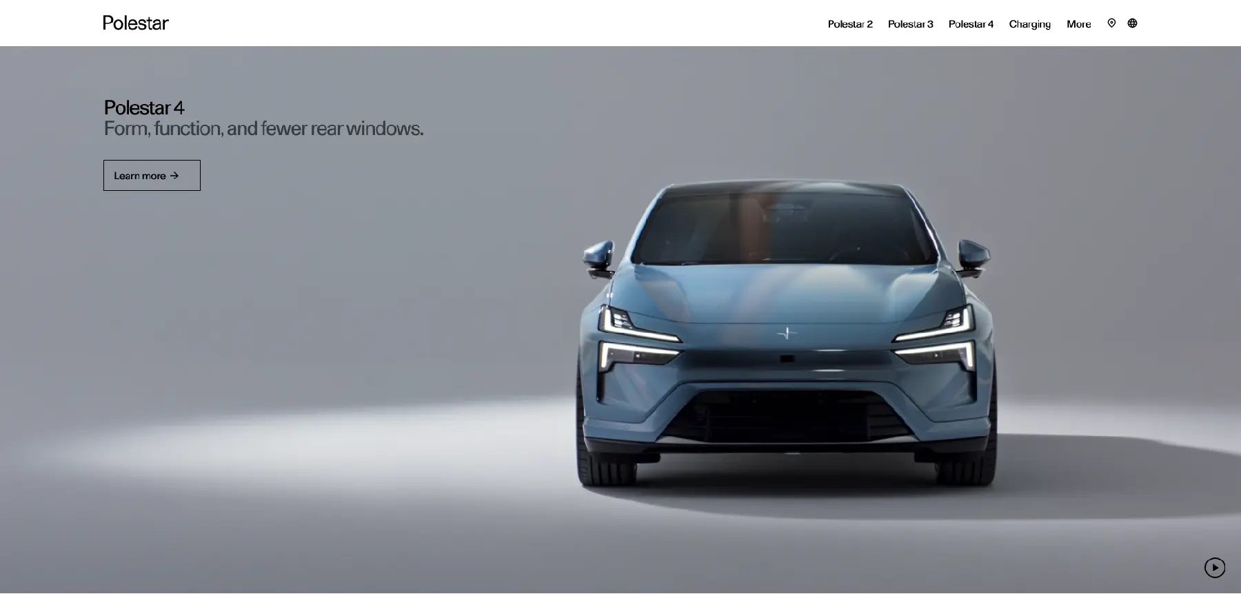 Polestar 4 electric SUV promotional banner showing a blue vehicle with bold tagline “Form, function, and fewer rear windows.”