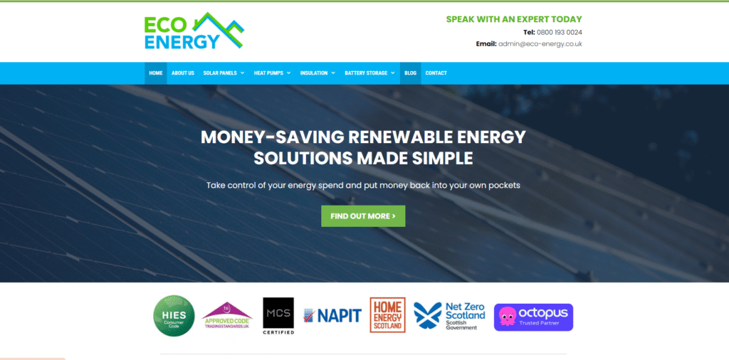 Eco Energy homepage with a close-up view of dark blue solar panels extending across the frame. The page promotes renewable energy solutions, encouraging users to save money and reduce environmental impact. Various accreditation logos are displayed, including HIES, MCS, NAPIT, Home Energy Scotland, and Net Zero Scotland.