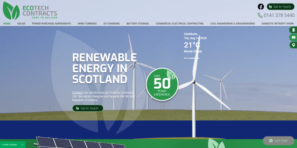 Renewable energy company in Scotland, showcasing wind turbines under a partly cloudy sky, with navigation bar and green “Get in Touch” button.