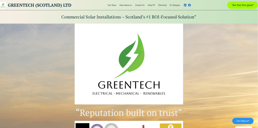 Commercial solar installation company’s homepage with green-themed branding, large central logo, and a slogan emphasizing trust and ROI-focused solutions.
