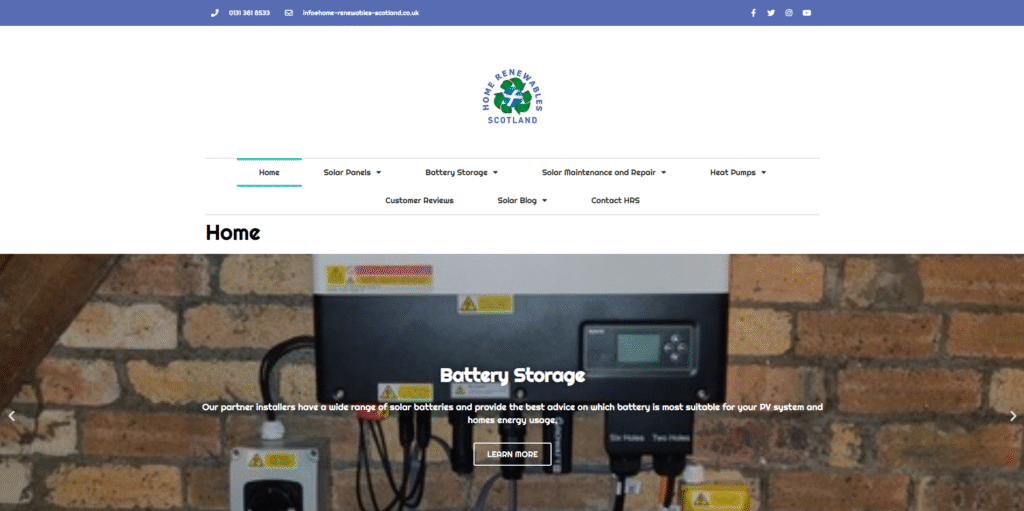 Renewable energy installer’s homepage, featuring battery storage equipment image, navigation menu, and service categories for solar panels, heat pumps, and repairs.
