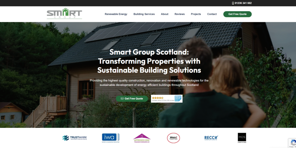 A renewable energy and sustainable building solutions company homepage, featuring a family looking at a solar panel–covered home, with navigation menu and “Get Free Quote” button.