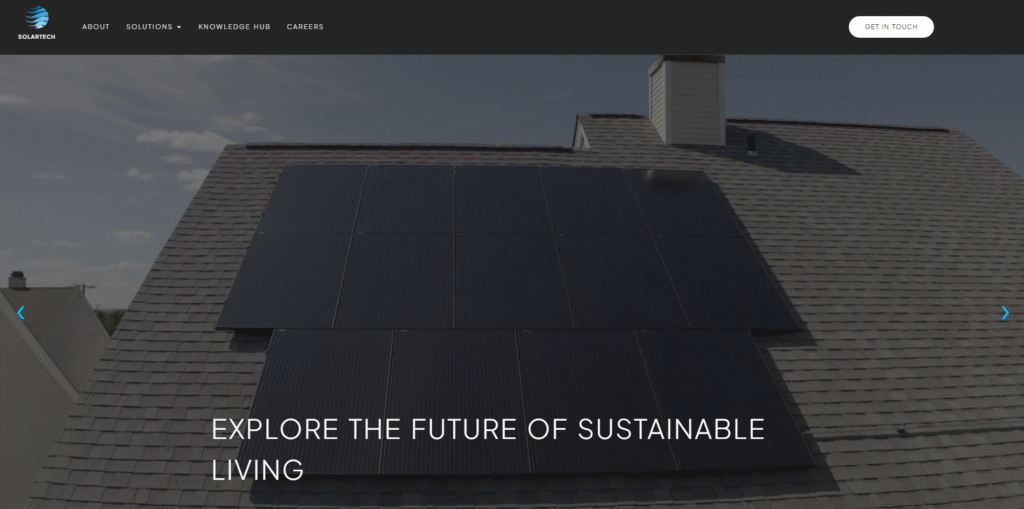 Modern solar energy solutions website, displaying rooftop solar panels with clean, minimal design and “Explore the Future of Sustainable Living” headline.