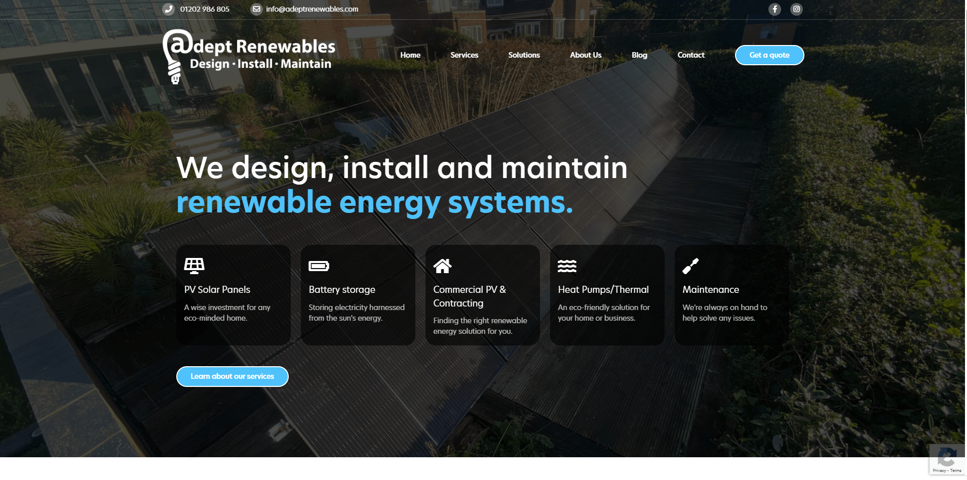 Adept Renewables homepage showing a scenic coastal city background with bright skies and modern buildings. The site presents Adept Renewables as an installer-led renewable energy provider, with a tagline ‘Empowering Tomorrow’s Energy, Today.’ Text outlines their expertise in solar panels, battery storage, EV charging, and heat pumps, helping customers save money, cut carbon emissions, and future-proof energy use. Prominent buttons read ‘WHAT WE DO,’ ‘OUR SERVICES,’ and ‘ENQUIRE,’ with a menu icon in the top right corner.