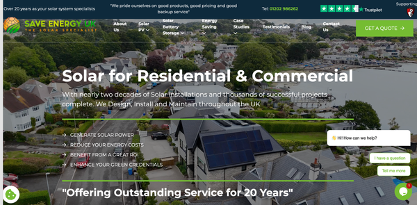 Save Energy UK homepage featuring a clean, modern layout with subtle sunlit imagery. Introduces Save Energy UK as a trusted South Coast solar specialist with over 19 years’ experience. Highlights bespoke solar PV, battery storage, solar carports, and EV charger installations—designed to cut energy bills and carbon footprint. Features buttons like ‘Get a Quote’ and a simple menu icon at the top right.