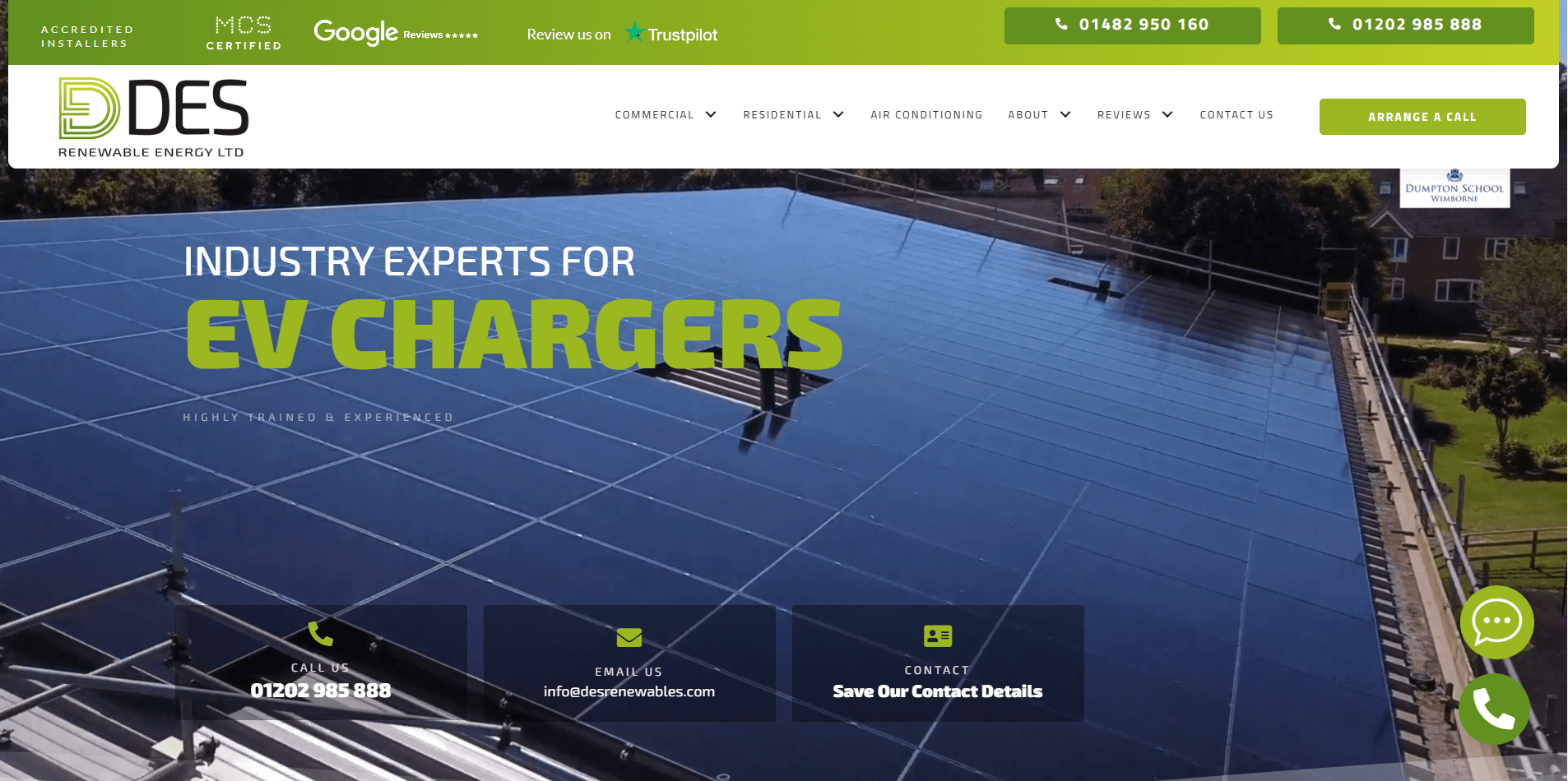 DES Renewable Energy homepage with a clean cityscape and sunlit rooftops. Presents DES as trusted local solar, battery, and EV charger installers with in-house teams, offering cost-saving, high-performance renewable solutions. Buttons: ‘LET’S CHAT,’ ‘SOLAR PANELS,’ ‘EV CHARGER INSTALLS,’ menu top right.