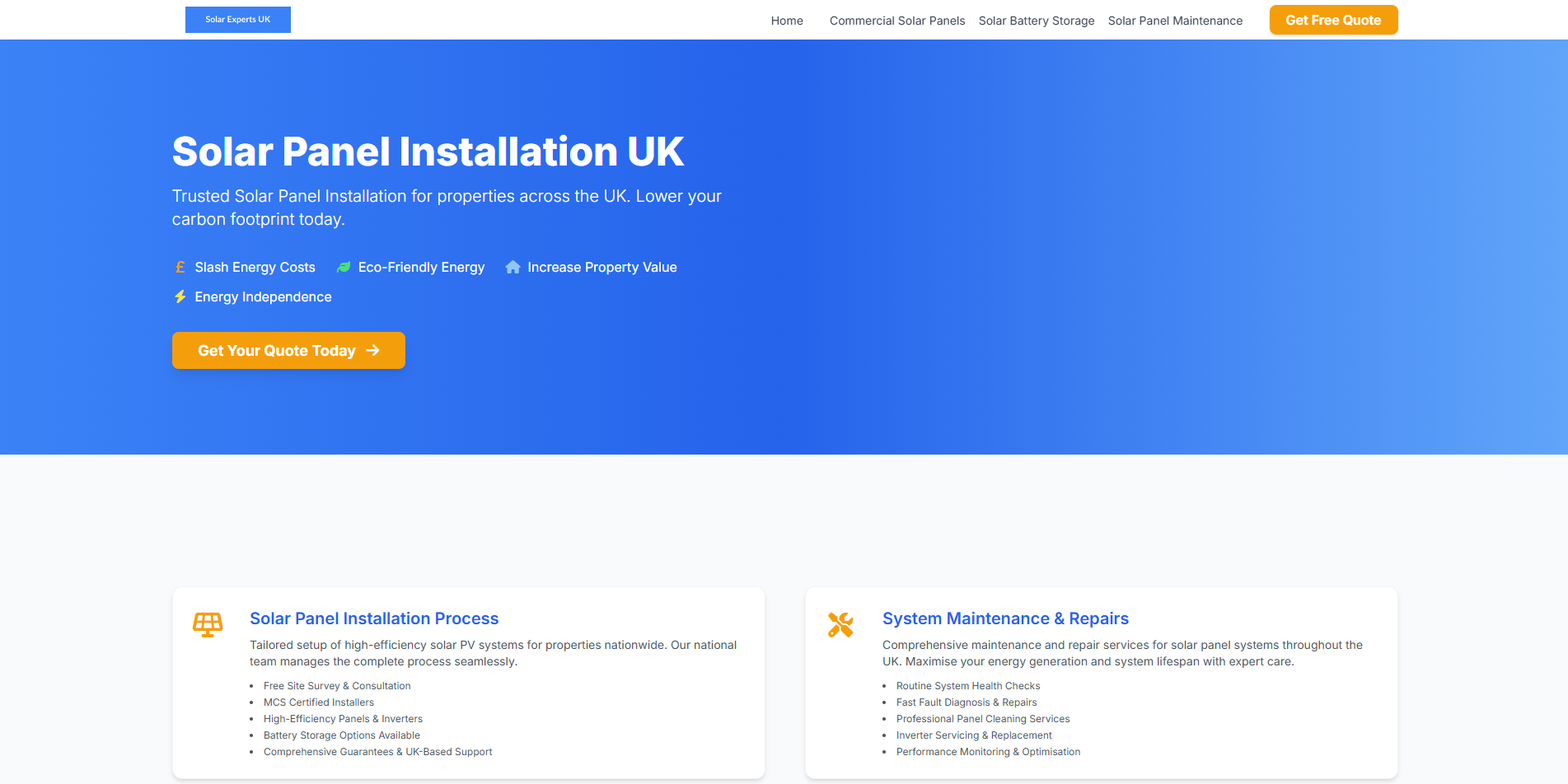 Save Energy UK homepage featuring a clean, modern layout with subtle sunlit imagery. Introduces Save Energy UK as a trusted South Coast solar specialist with over 19 years’ experience.