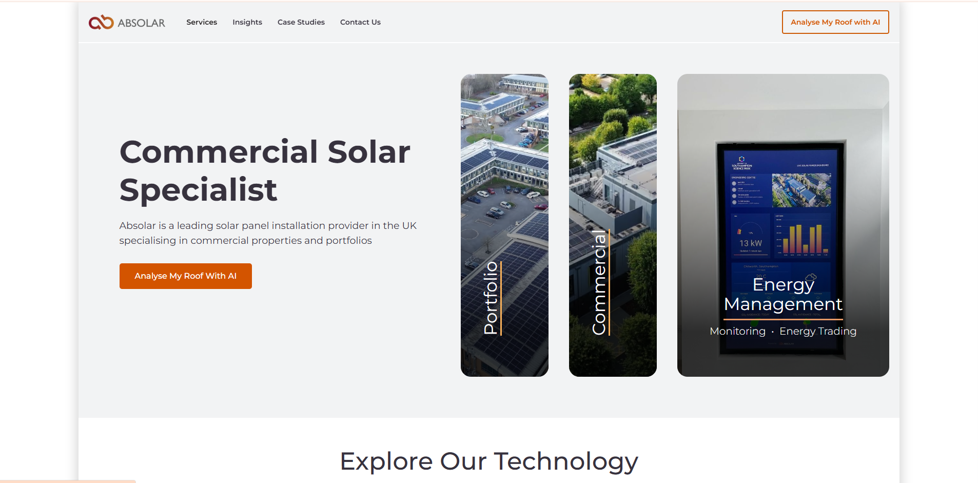 Absolar homepage featuring a modern city skyline with sunlit rooftops, emphasizing clean energy potential. The site introduces Absolar as a leader in AI-powered commercial solar solutions, with a tagline ‘Commercial Solar Experts.’ Text highlights their use of AI, LiDAR, and computer vision to assess rooftop solar potential, estimate savings, and cut carbon emissions. Sections outline their complete service from survey to installation, monitoring, and optimization. Prominent buttons read ‘GET A SURVEY,’ ‘OUR TECHNOLOGY,’ and ‘CONTACT,’ with a simple menu icon in the top right corner.