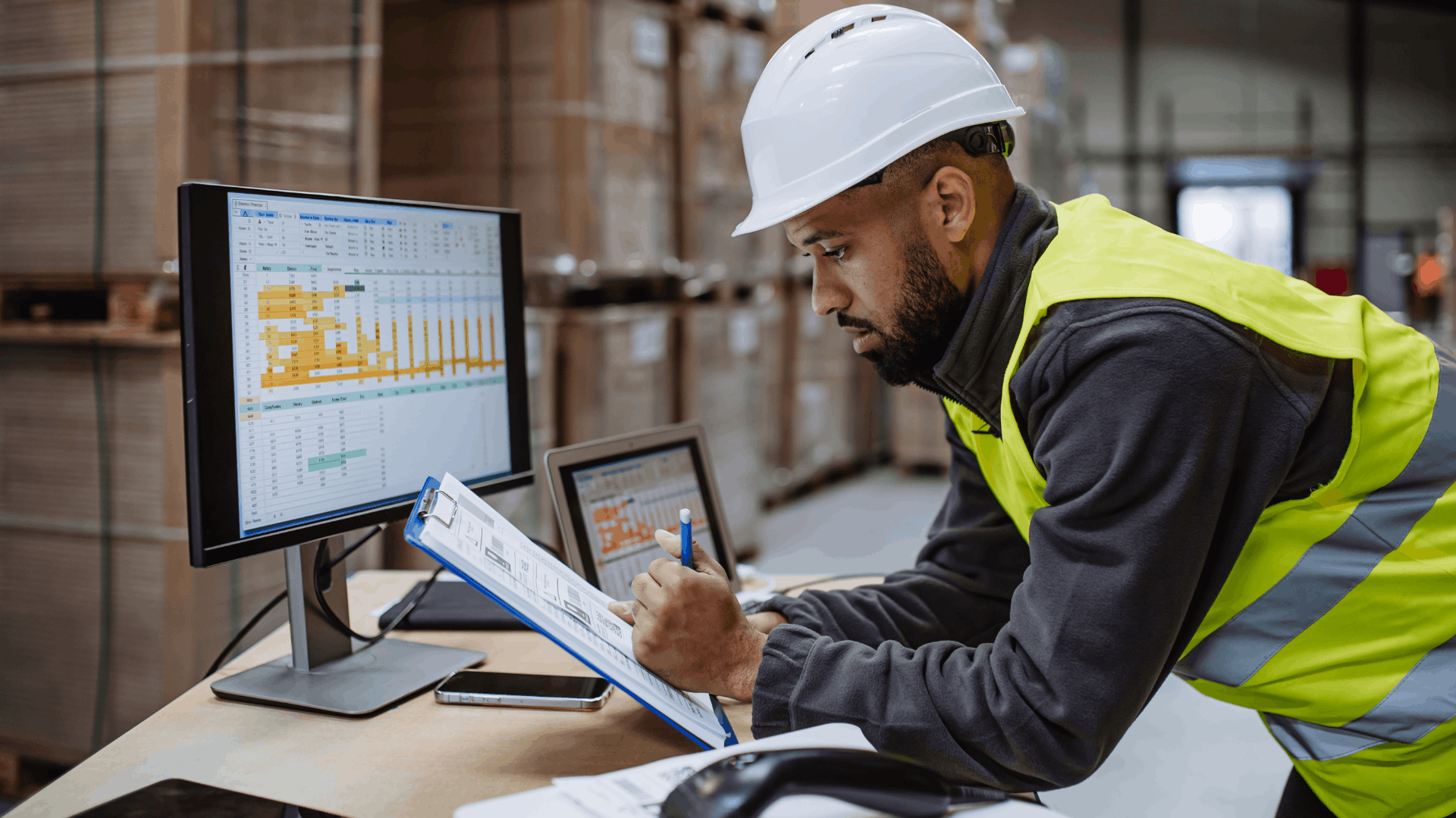 Worker wearing safety gear while managing inventory in a warehouse.