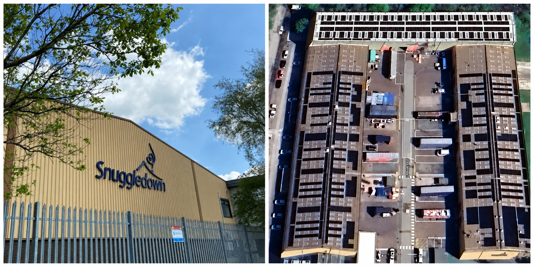 side-by-side shots of snuggledown factory and roof with solar panels