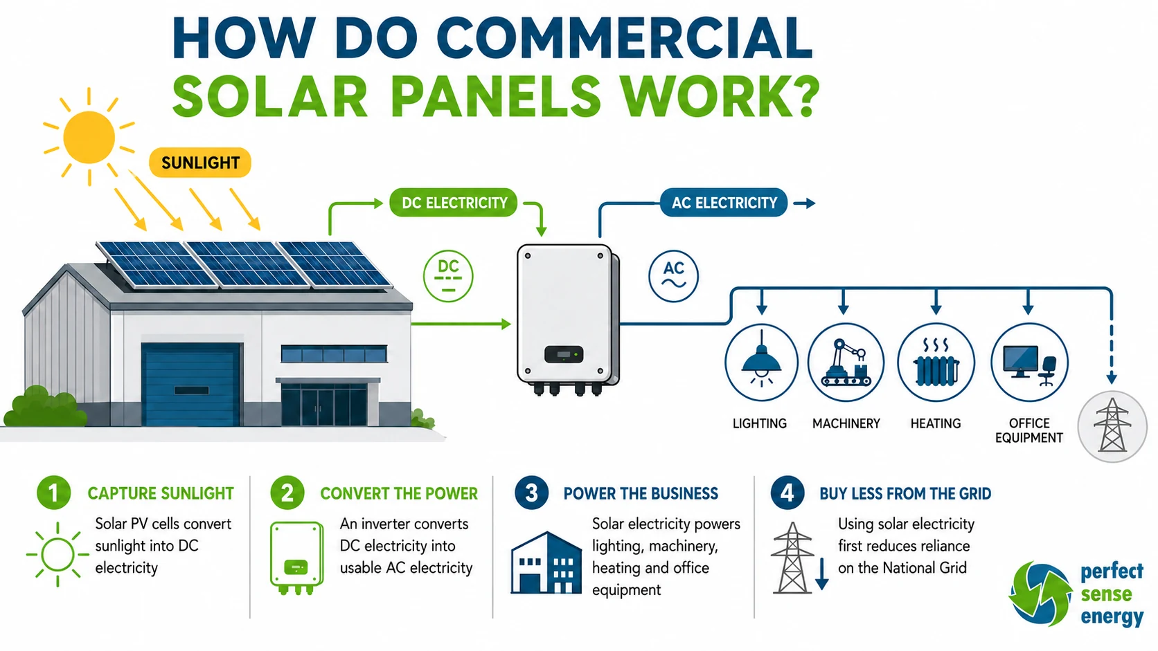 Diagram of how commercial solar panels work: sunlight hits rooftop panels, an inverter converts DC to AC, and the electricity powers lighting, machinery, heating and office equipment before surplus goes to the grid.