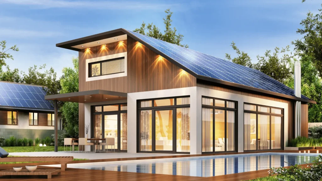 Modern house with slanted roof covered in solar panels, large windows, wooden deck, pool, and patio area.
