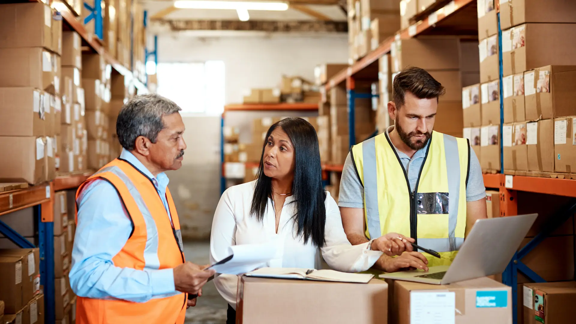Warehouse workers reviewing inventory and discussing supply chain operations.